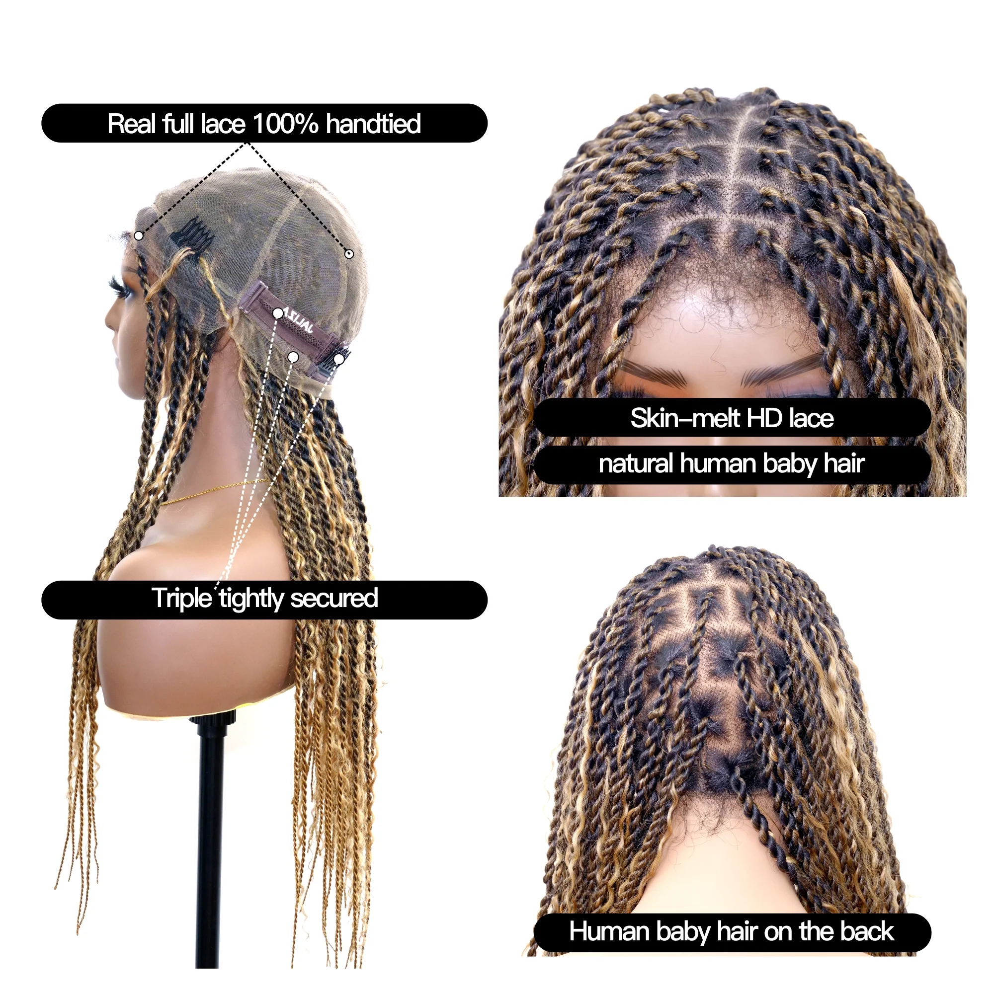 Honey Blond HD Lace Tangleless Boho Twist Braided Wig 79 Strands - Airhomei