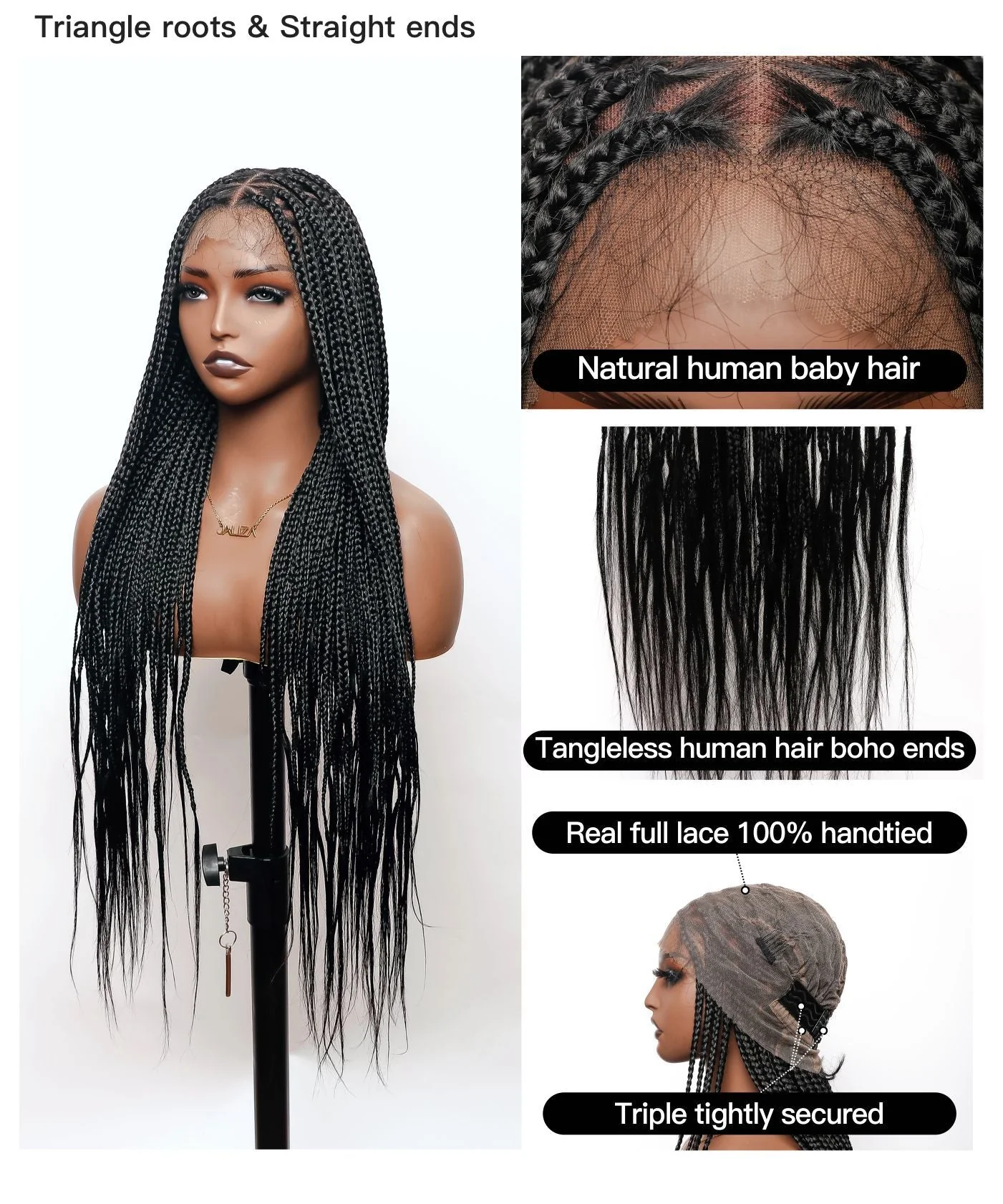 Human Hair Boho Curly Ends Knotless Box Braided Wig 36
