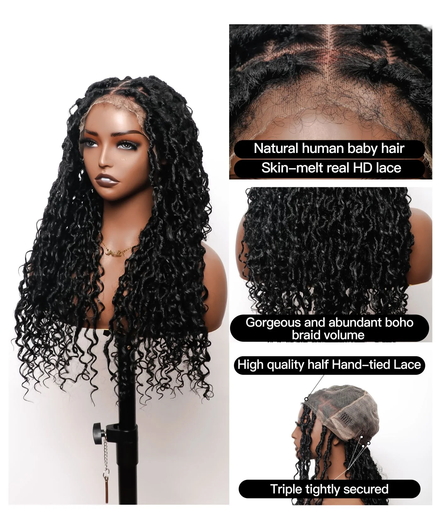 Human Hair Boho Curls Boho Locs Braided Wig 65 Strands（Human Hair Baby Hair） - Airhomei